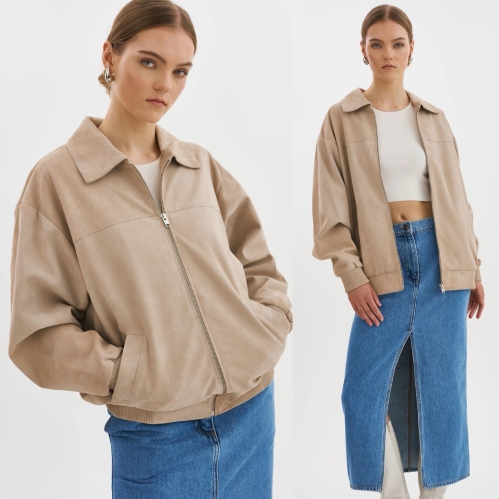 LaMarque Caden Suede Oversized Bomber Jacket Goatskin in “Sand” Tan - Picture 2 of 12